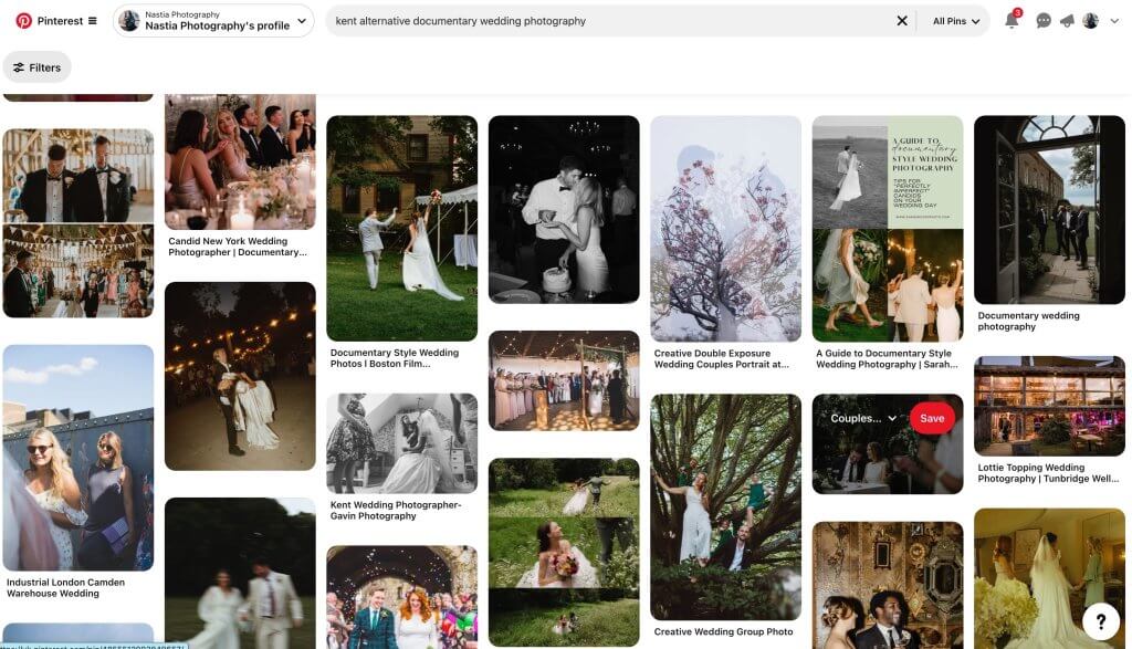 A Pinterest page showcasing alternative documentary wedding photography. Discover candid and artistic shots of couples, outdoor weddings, group photos, and creative double exposures. Find the perfect wedding photographer for your special day with these inspiring images.