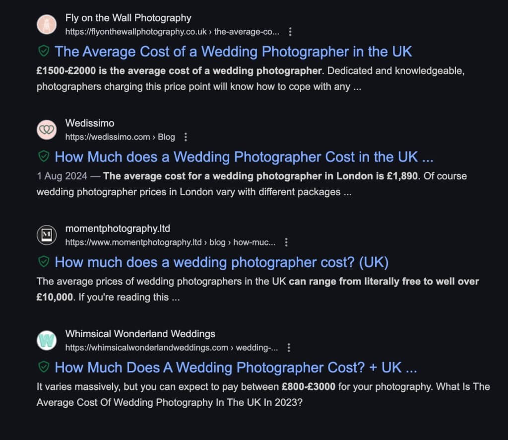 A search results page displaying links about finding the perfect wedding photographer in the UK. Headlines mention prices ranging from £1,500 to over £10,000, with sources like Fly on the Wall Photography and Wedsissimo offering insights.