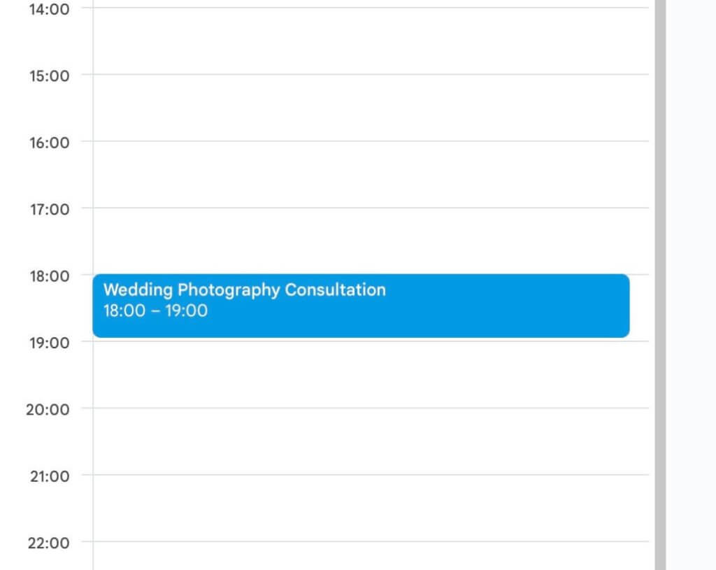 A digital calendar displays an event titled "Wedding Photography Consultation" from 18:00 to 19:00, highlighted in blue on the timeline. Discover your perfect wedding photographer during this session.